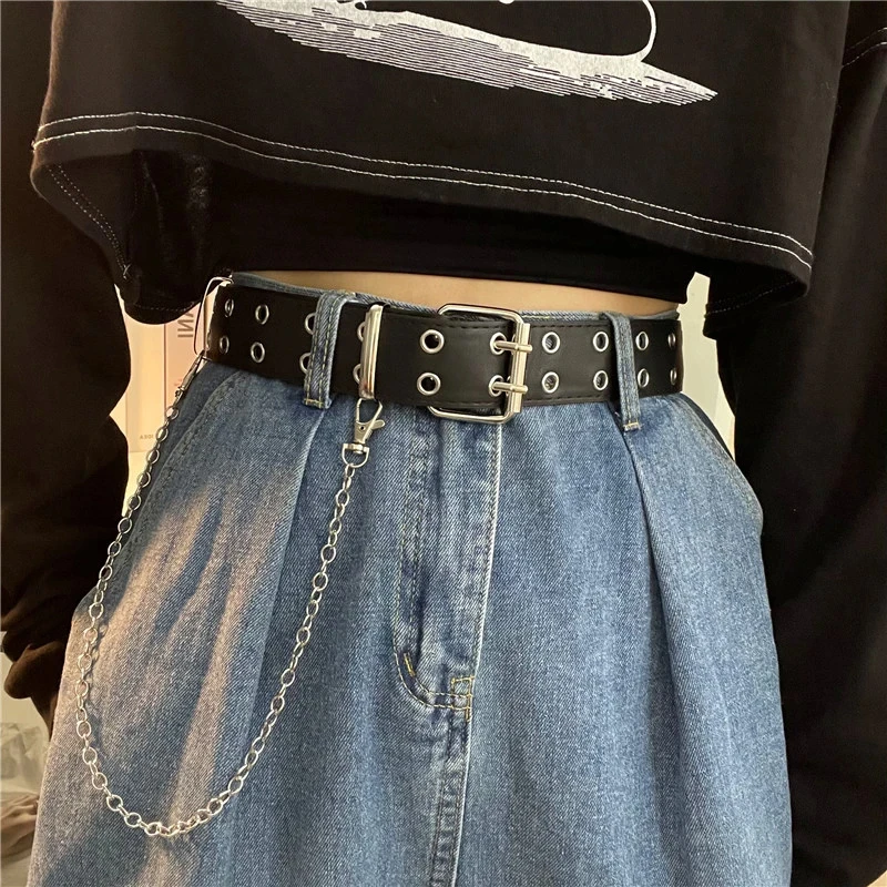 韩国男女百搭全孔皮带免打孔青年牛仔裤链条腰带潮朋克风裤带