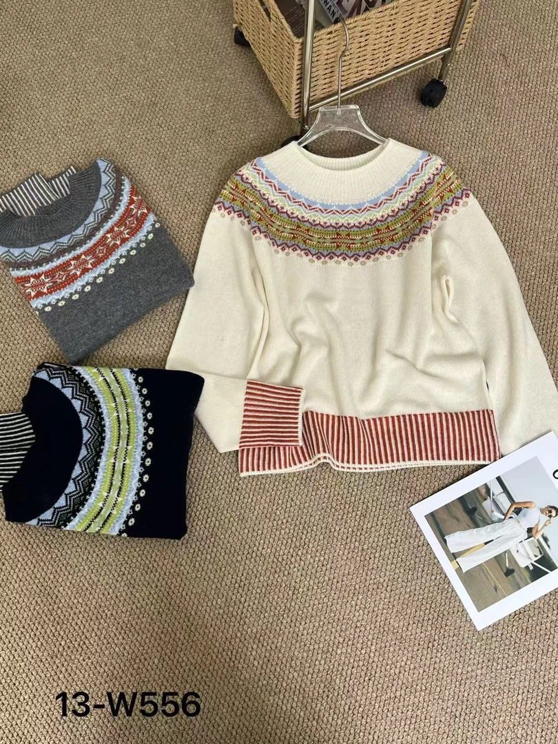 针织插肩袖费尔岛圆领宽松衫加厚宽松型常规