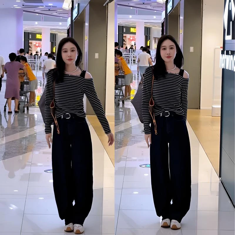秋套装女2025新款设计感小众甜辣妹露肩条纹长袖上衣阔腿裤两件套