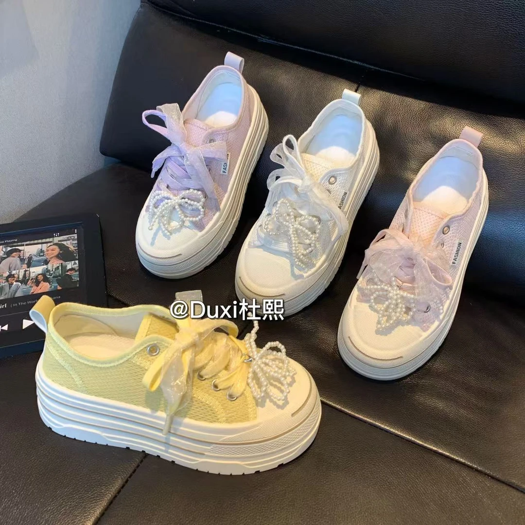 Duxi杜熙2025夏季新款厚底圆头百搭系带增高板鞋网面透气小白鞋女