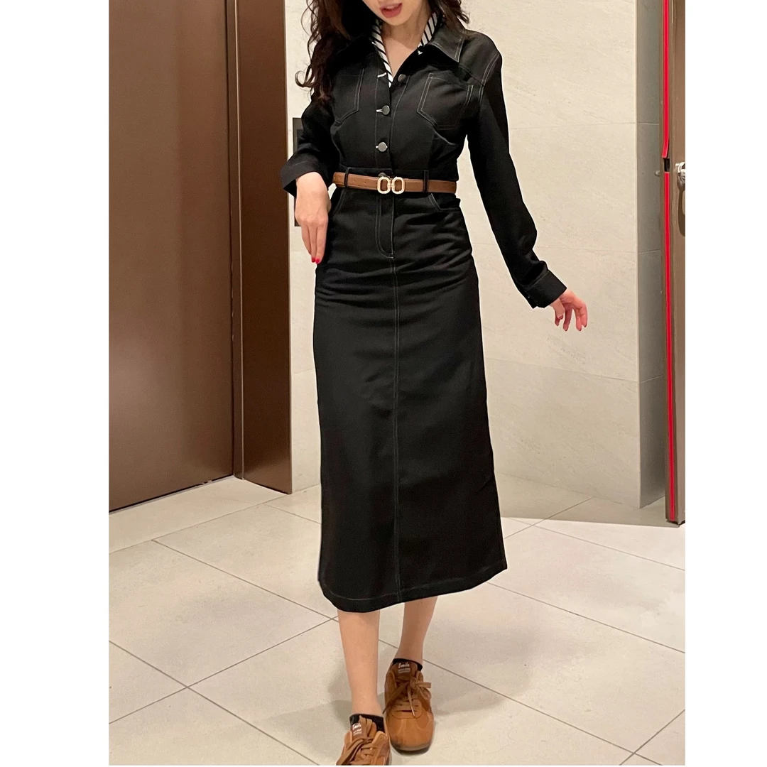 2025爆款连衣裙法式复古长袖工装气质收腰连衣裙