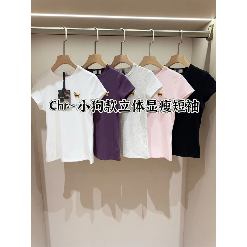 chency家万针刺绣小狗韩系纯棉短袖T恤女