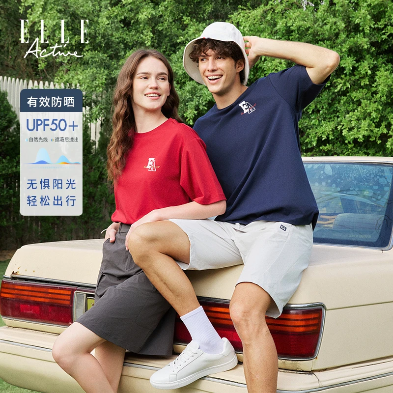ELLE Active情侣装T恤夏季新款男女短袖圆领印花字母宽松休闲上衣