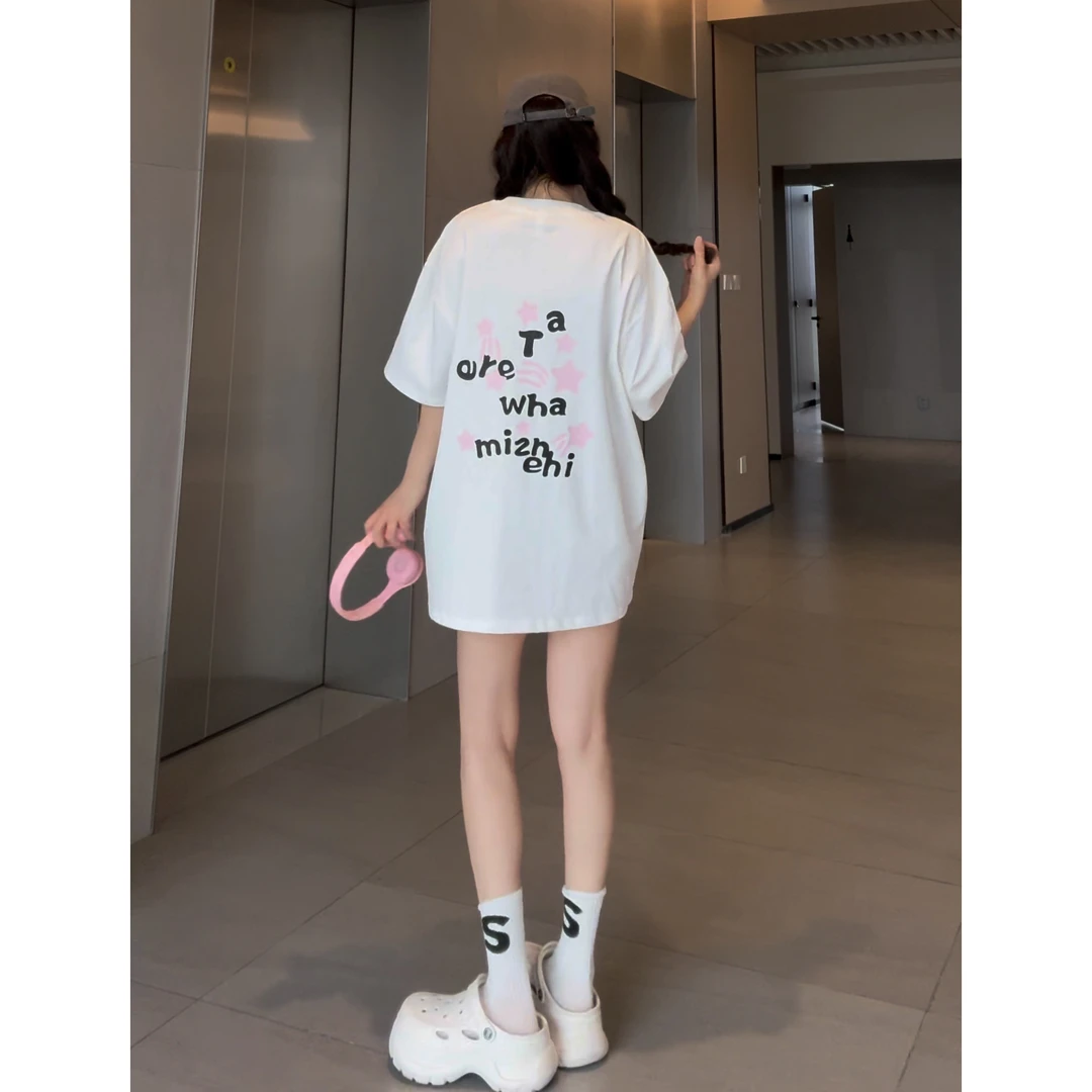 短袖T恤女夏季2025新款潮牌半袖纯棉小众设计感中长款宽松上衣