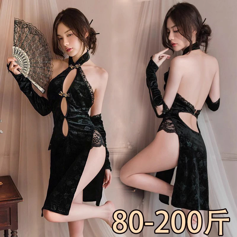 【暗夜玫瑰】80-200斤禁欲系睡裙中式高开叉旗袍睡衣蕾丝修身连衣裙