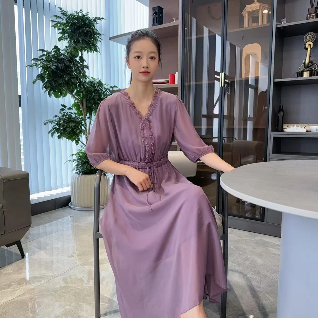 桑蚕丝夏季女装通勤风中长裙休闲连衣裙百搭时尚纯色圆领049