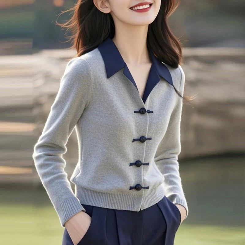 新中式中国风灰色Polo领针织衫上衣秋冬2025新款女小个子短款小衫