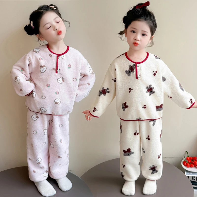 儿童睡衣女孩秋冬季珊瑚绒2025新款宝宝法兰绒套装薄绒女童家居服