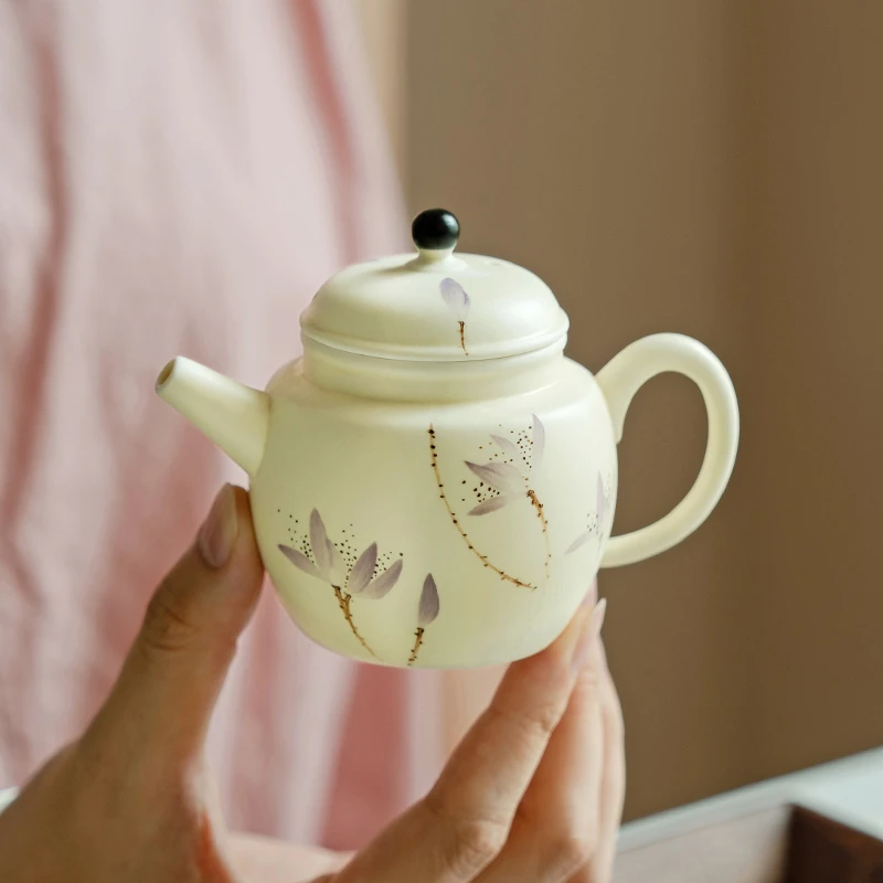 德白粉引纯手绘紫兰花陶瓷茶壶女士家用小容量泡茶壶中式功夫茶具