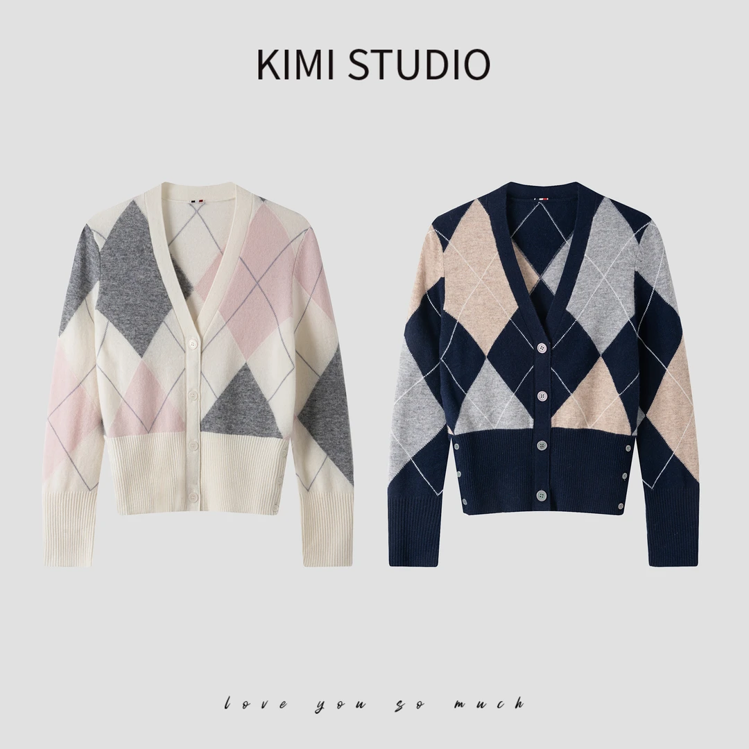 kimi定制时尚v领软糯毛衣TB学院风菱格100%羊毛针织开衫AW25569