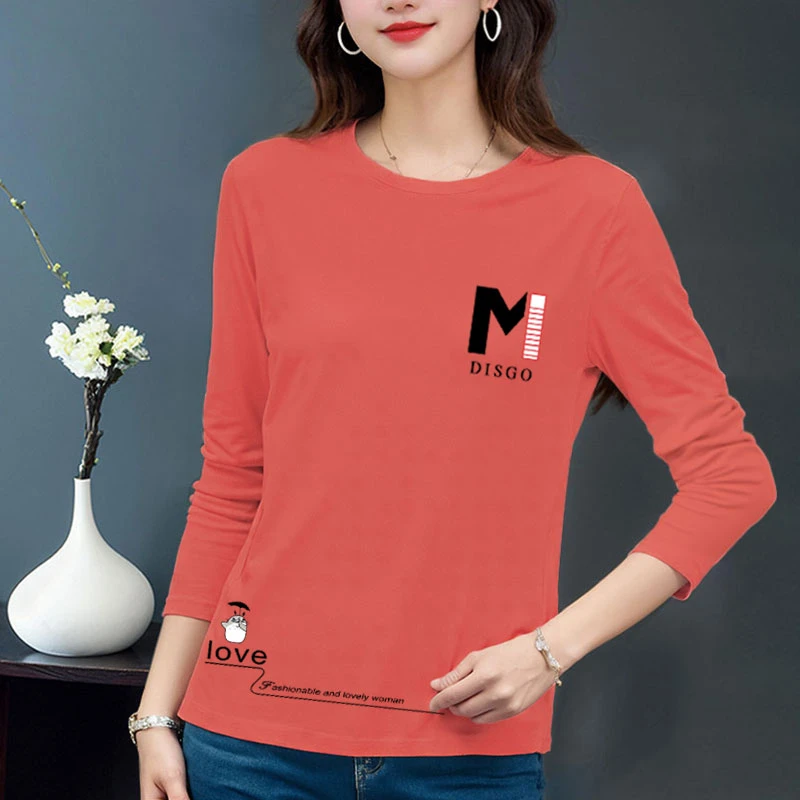 纯棉长袖t恤女打底衫女春秋新款百搭显瘦上衣韩版大码圆领体恤潮