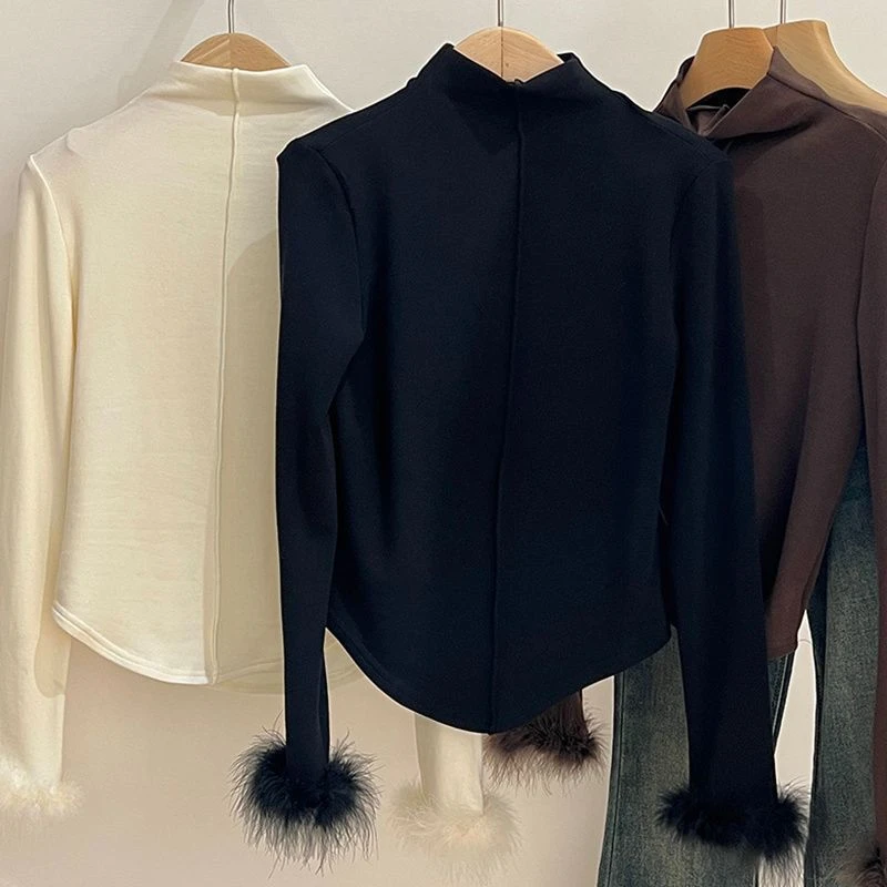 毛毛圈袖口长袖半高领磨毛德绒打底衫T恤女秋冬修身大码内搭上衣