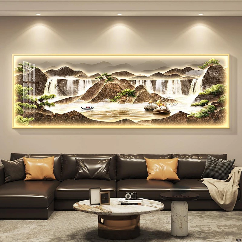 流水生财led灯轻奢客厅装饰画沙发背景墙挂画高级感书房茶室壁画