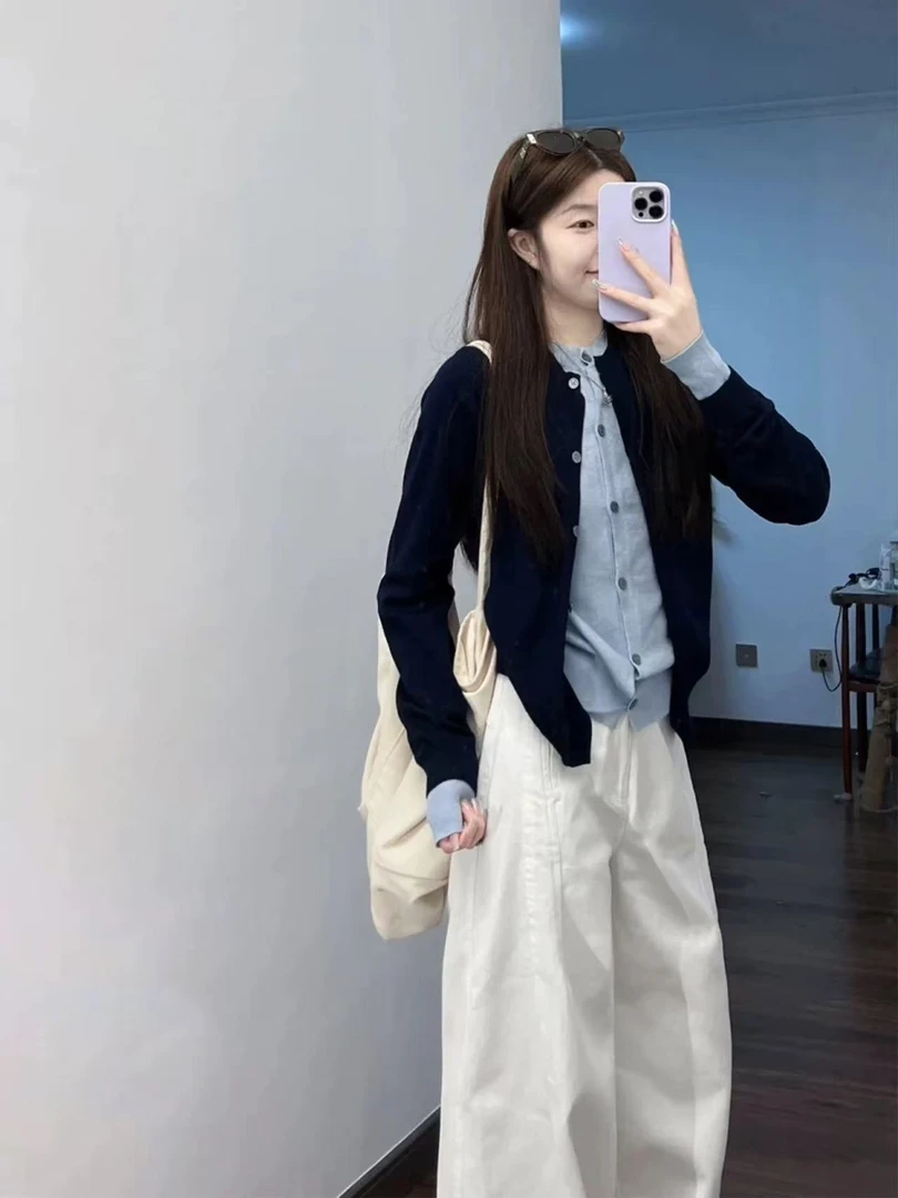 2025秋季新款松弛感穿搭假两件针织开衫气质甜美直筒牛仔裤两件套