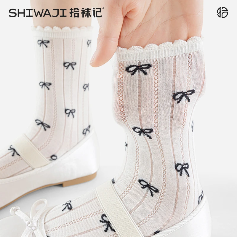 拾袜记白色蝴蝶结袜子女中筒袜2025春秋miu系芭蕾风花边堆堆袜