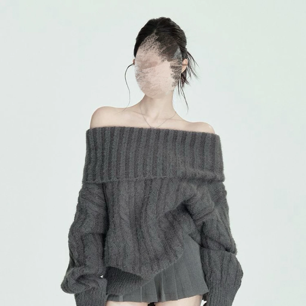 灰色麻花一字肩套头毛衣女秋冬季高级感宽松慵懒风韩版加厚针织衫