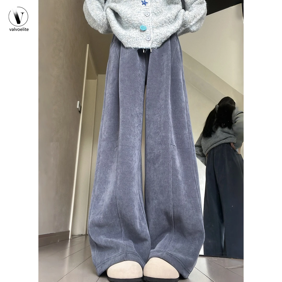 VALVOELITE米白色阔腿裤女秋季新款小个子高腰宽松休闲加绒阔腿裤