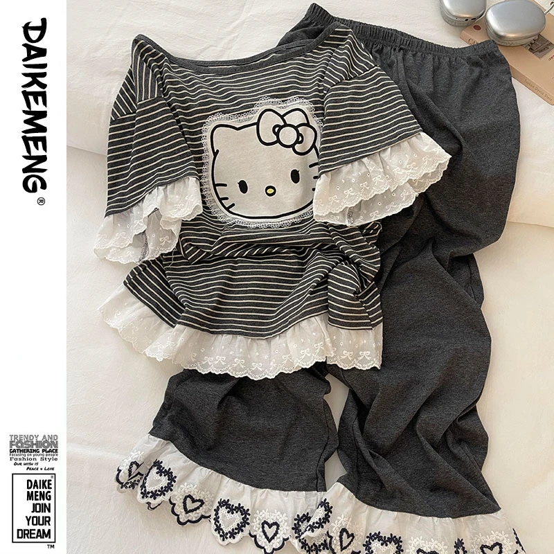 【条纹kitty】卡通精致花边短袖睡衣套装女士夏季薄款可外穿家居服