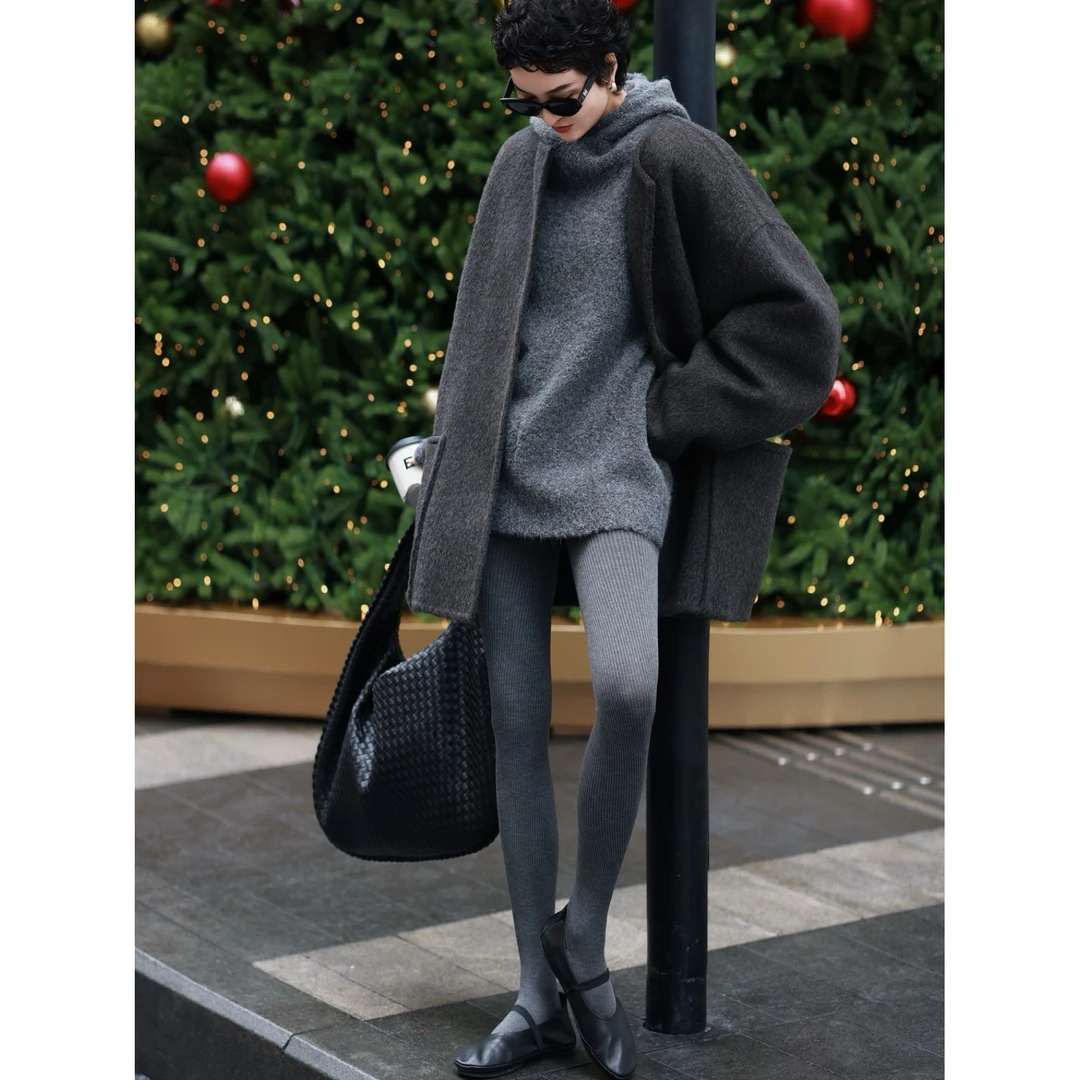 【敦克尔克清晨】牦牛绒百搭中长款黑色时尚大衣围巾大衣带围巾