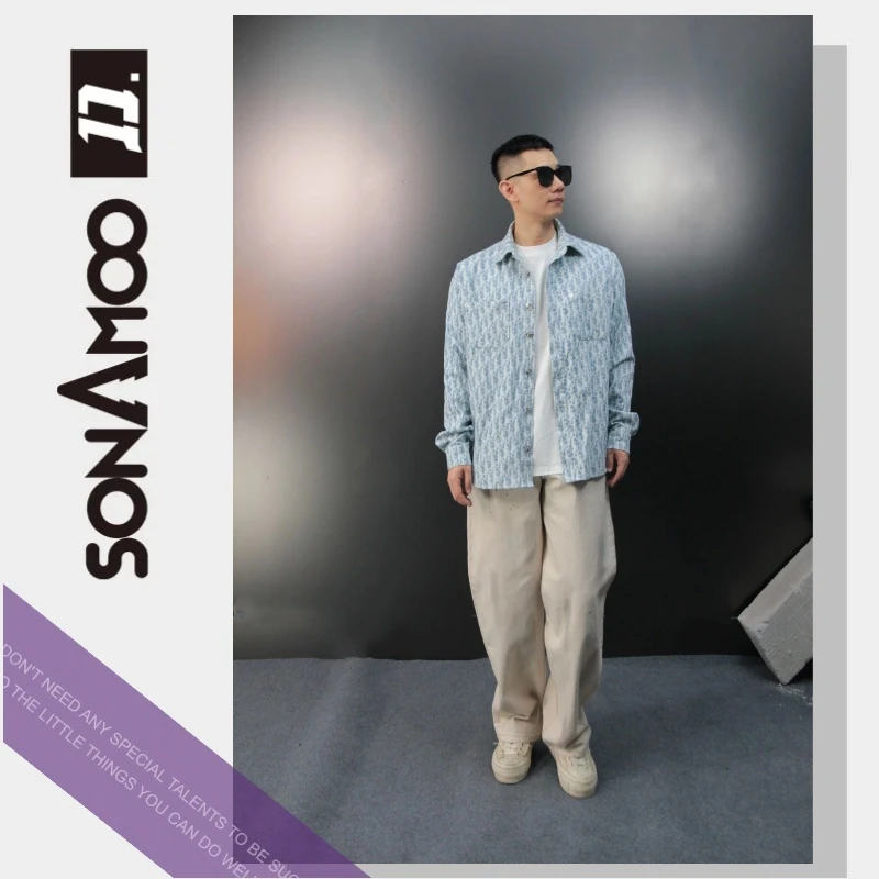 【墨侠】满天星蓝底白字男士秋季百搭衬衫外套D13326