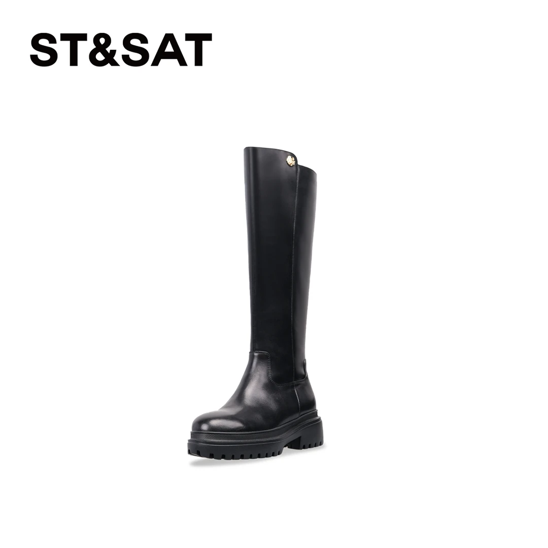 星期六靴子女长筒靴时尚胎牛皮高筒靴秋冬新款显瘦高筒骑士靴7B3L