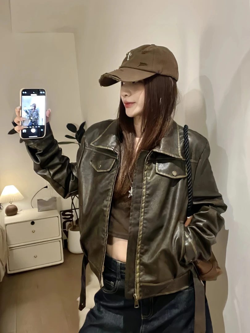 BINXLAN美式复古正肩棕色短款皮衣外套女拉链翻领夹克美拉德百搭