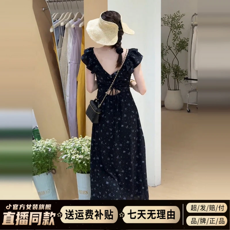 小飞袖黑色碎花连衣裙女款爆款2025新款夏季巨好看漂亮掐腰长裙子