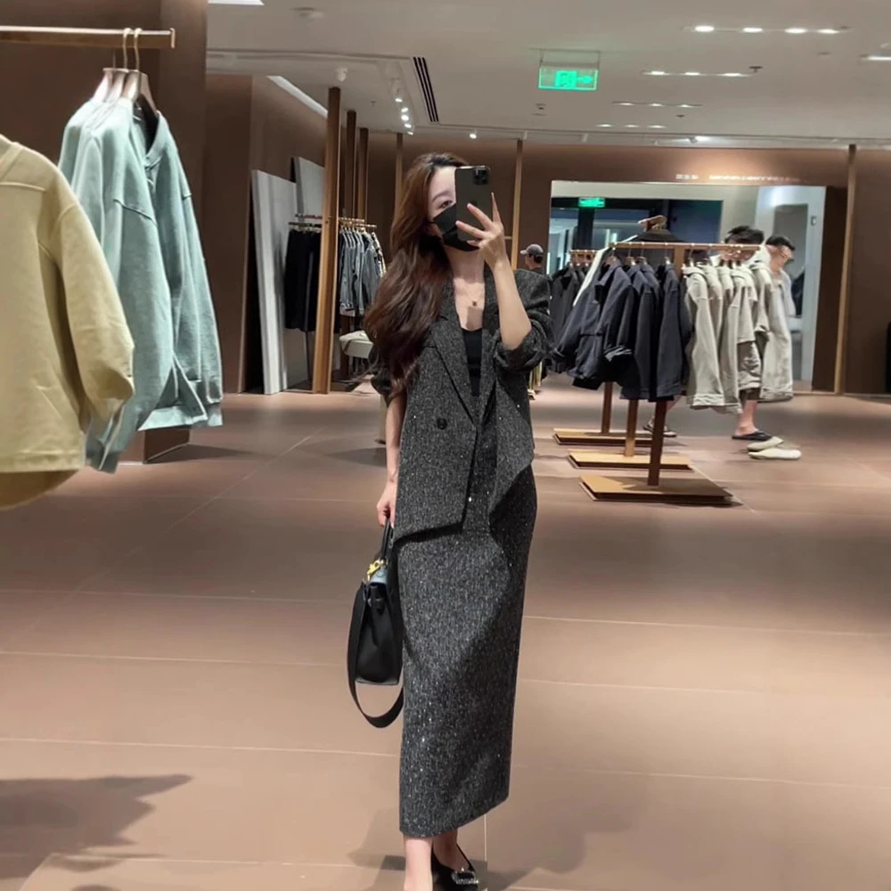 大码女装胖mm高级感西装外套女高腰显瘦开叉半身裙两件套套装裙子