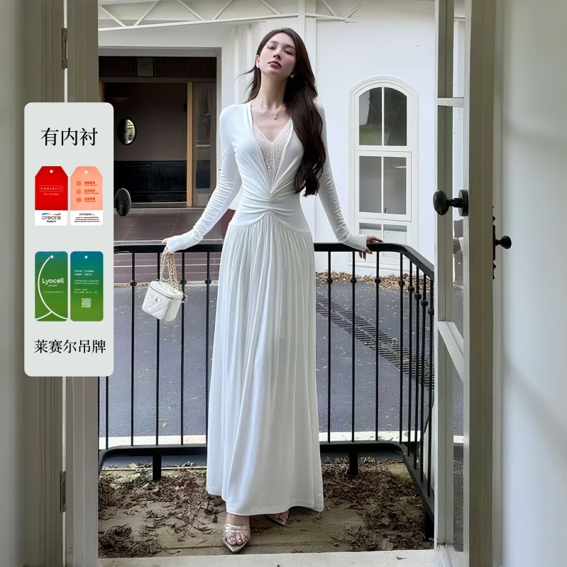 【有内衬,莱赛尔面料带认证】秋季纯欲连衣裙法式收腰显瘦气质长裙