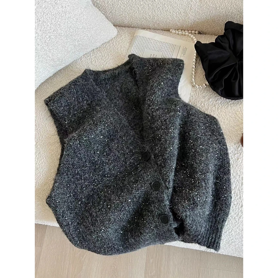 SP【老钱单品】必入单品深灰色亮丝V领无袖马甲女叠穿马夹上衣