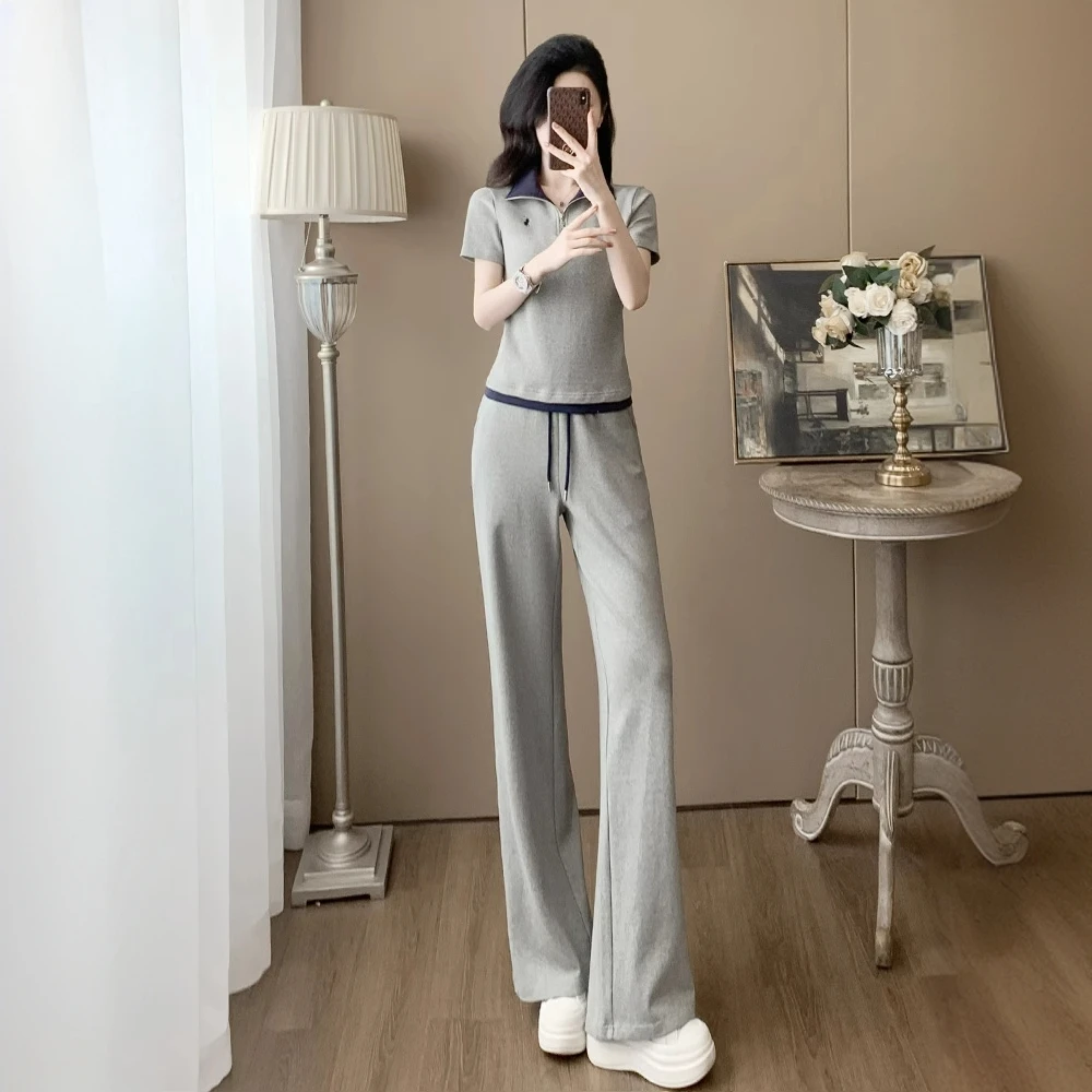 休闲运动套装女2025夏季新款显瘦高级感撞色翻领短袖阔腿裤两件套