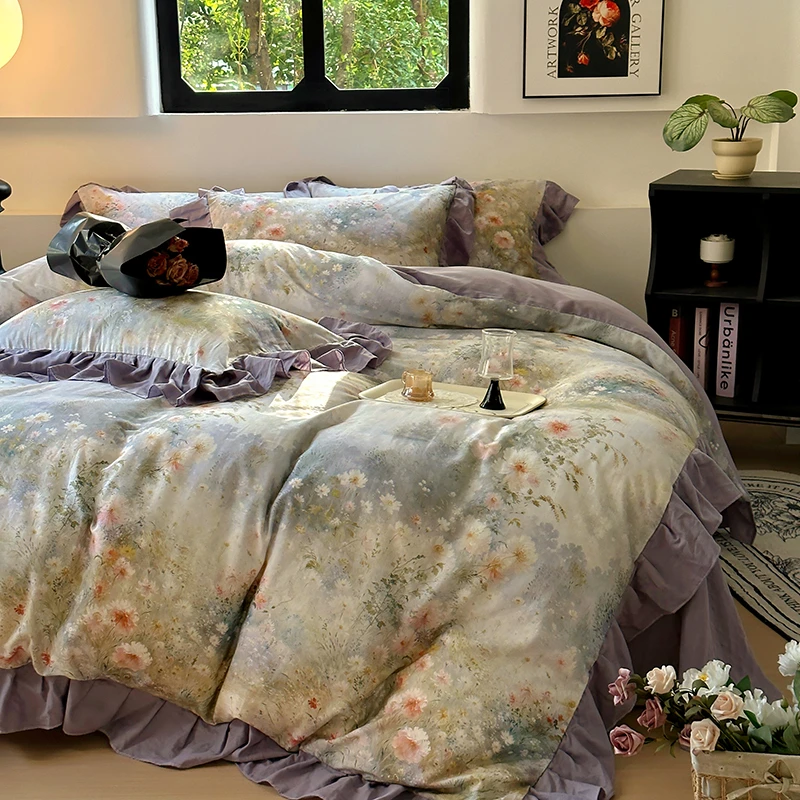 法式花边纯棉全棉双层纱四件套复古赫本公主风浪漫荷叶边被套床单