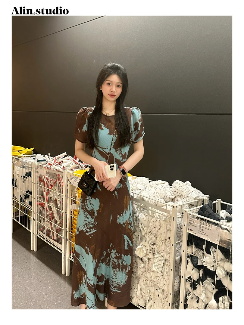 【蓝咖】（有纽扣）优雅斜裁油画花卉连衣裙收腰显瘦法式复古碎花裙