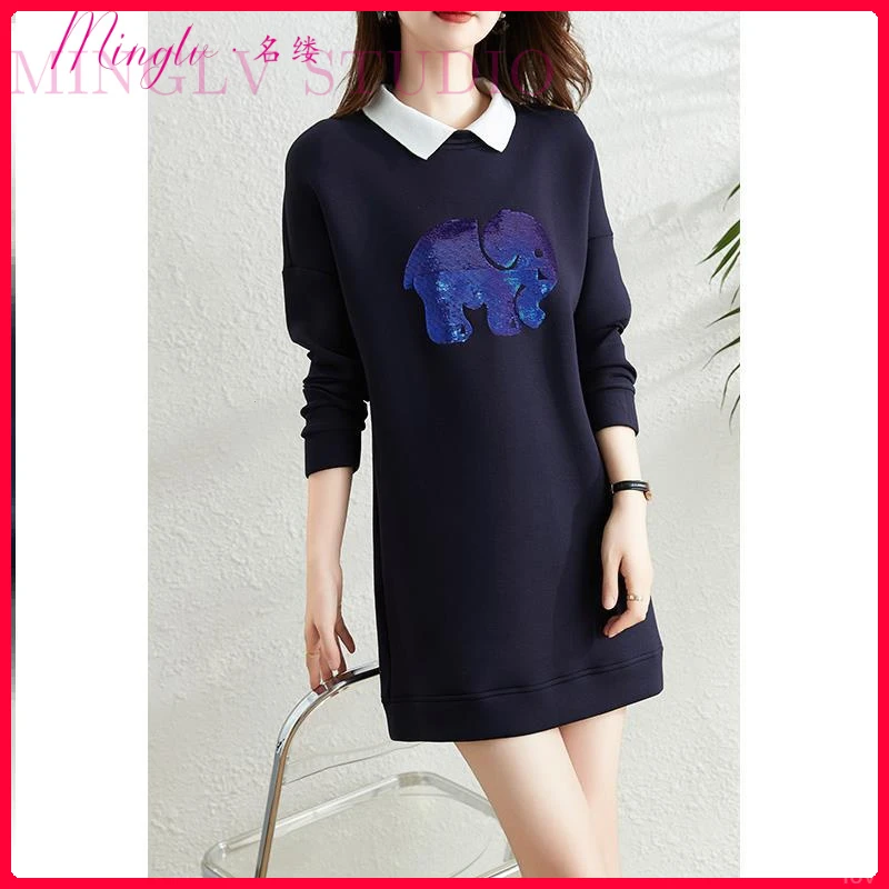 拼接显瘦假两件卫衣秋季2025新款连衣裙女宽松polo领中长款卫衣裙