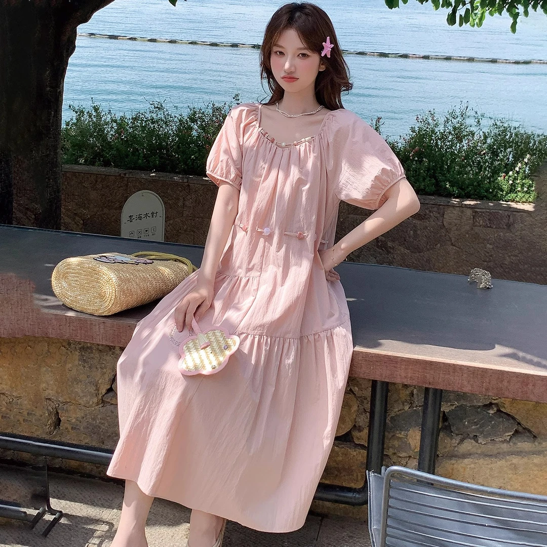 粉色方领连衣裙女夏季2025新款今年流行爆款微胖宽松甜美减龄长裙