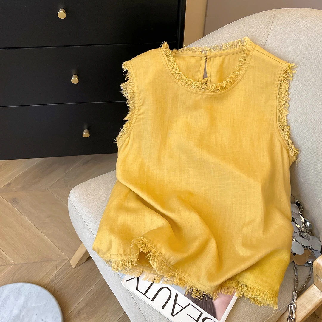 胖妹妹240斤大码流苏边亚麻无袖衬衣女2025夏季新款洋气减龄小衫