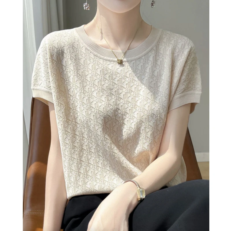 夏季薄款圆领小香风短袖针织衫女气质百搭休闲冰丝打底衫T恤上衣