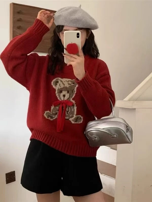2025秋冬新款小熊毛衣拼色女圆领卡通小熊提花厚打底衫毛衣160015
