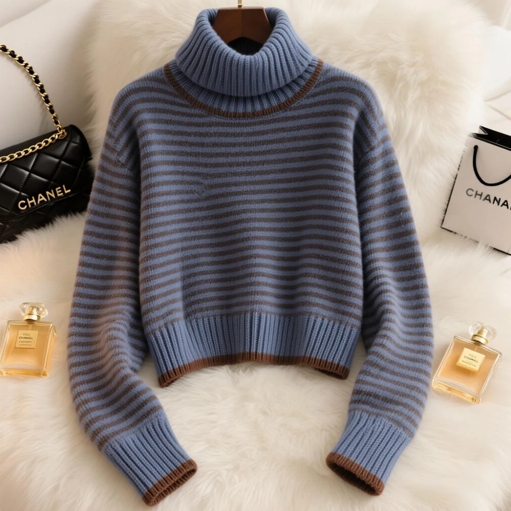 堆堆领别致漂亮时尚针织衫女今年秋冬流行新款条纹减龄长袖毛上衣