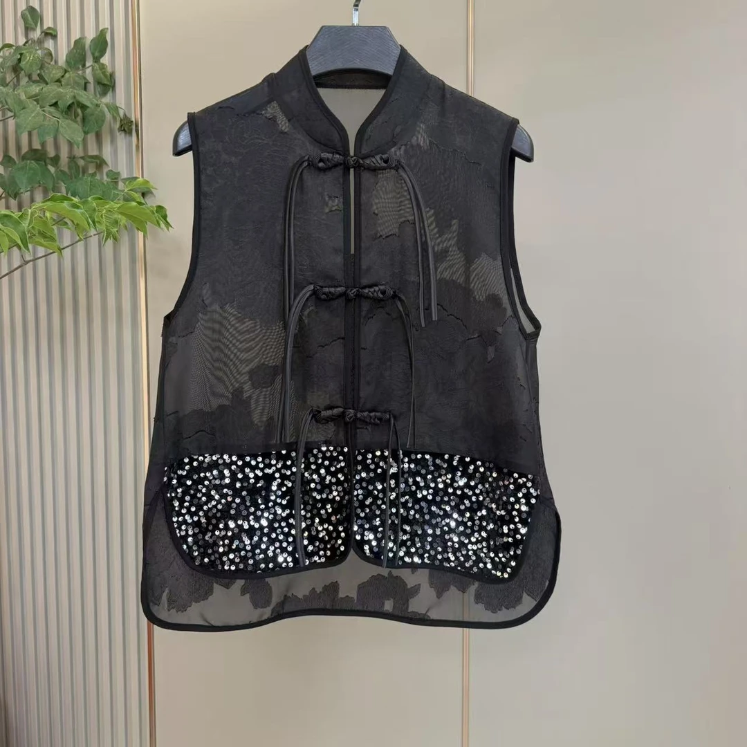 799亮片纯色女马夹复古显瘦马甲新中式上衣无袖黑色