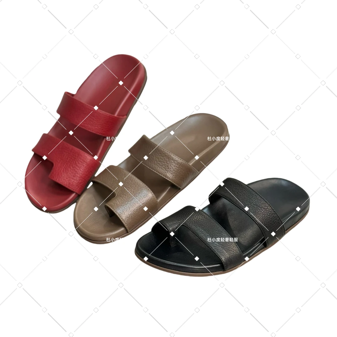 高版row风手工定制外穿植鞣小牛女凉拖百搭平底极简风珍皮女凉鞋
