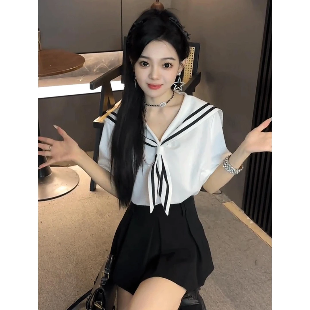 海军领白色短袖t恤女2025新款夏季学院风洋气减龄小衫别致上衣ins