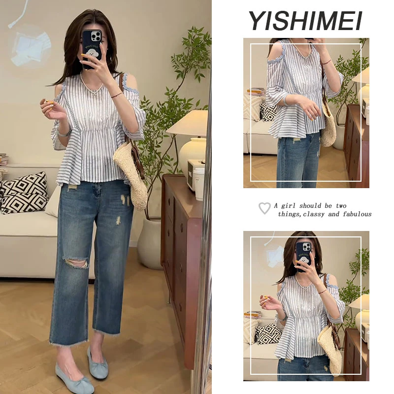 今年流行一整套2025年夏季新款韩系露肩条纹上衣显瘦牛仔裤两件套