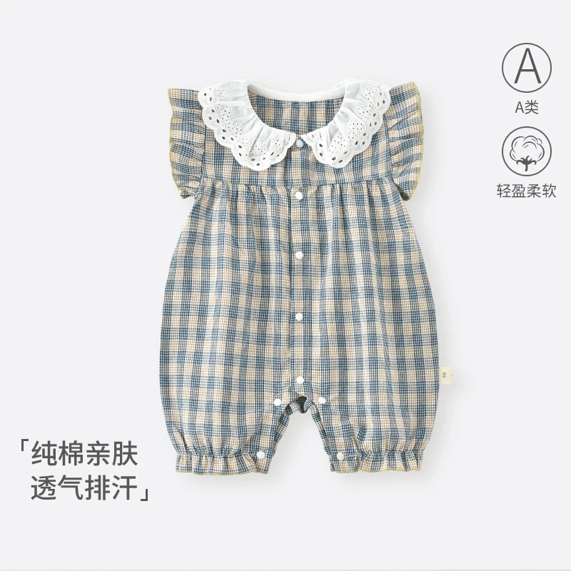婴儿连体衣夏季洋气格子薄款包屁衣女宝宝可爱爬服超萌外出服哈衣