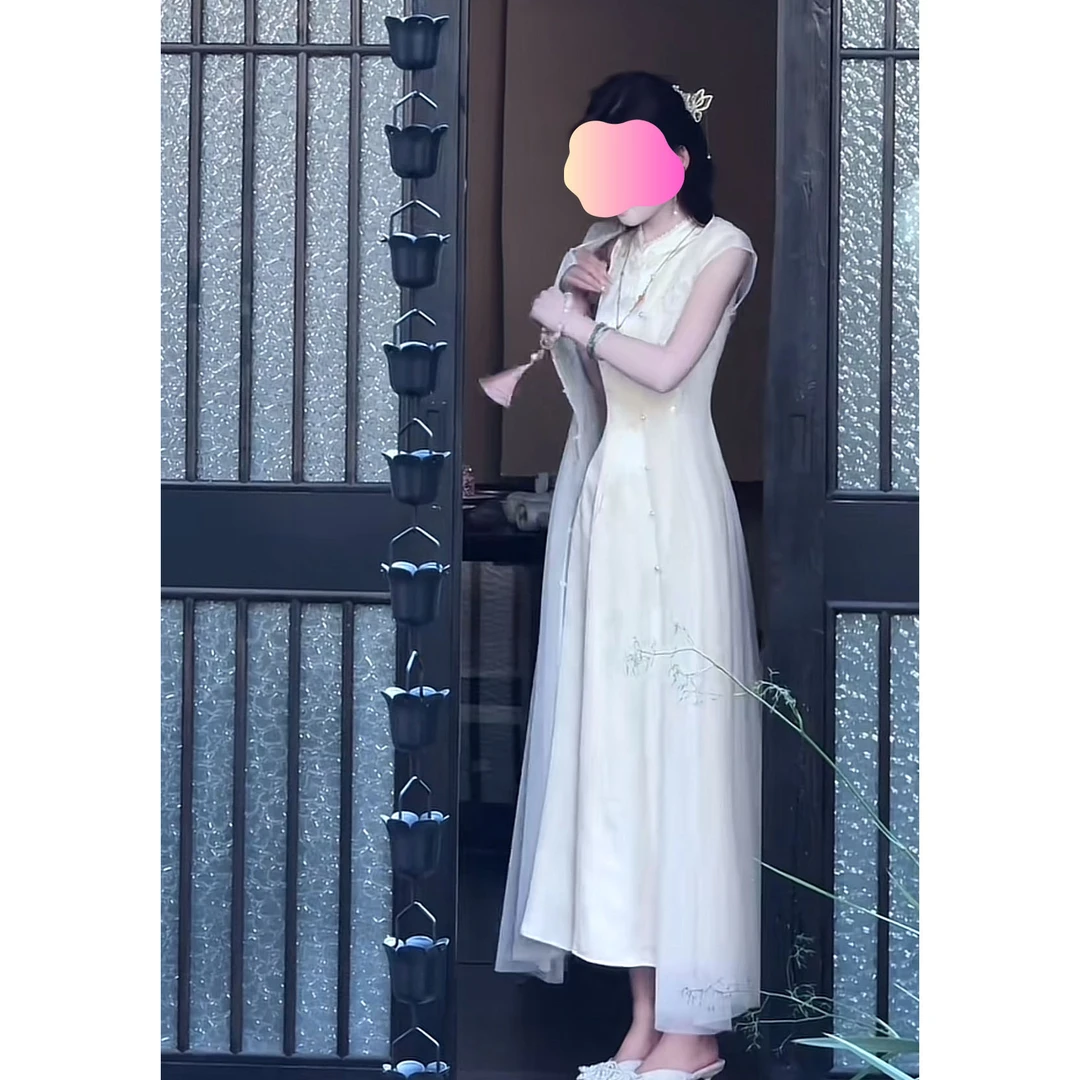 2025年夏季新中式气质显瘦罩衫+无袖连衣裙两件套装女