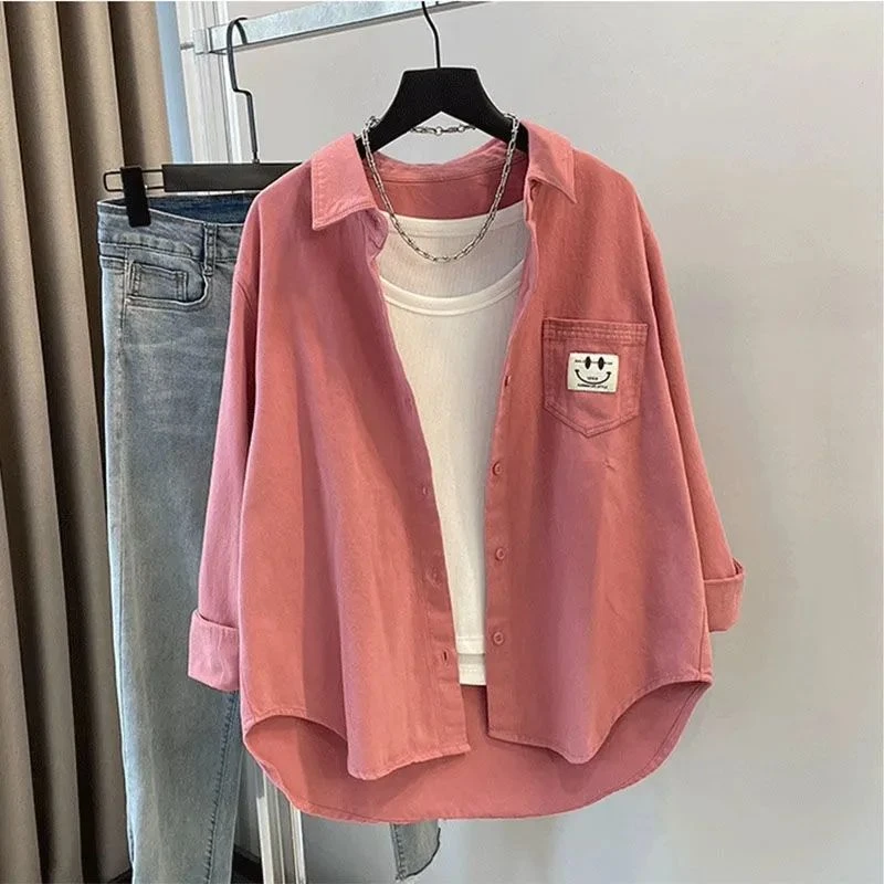 笑脸口袋设计感衬衫女长袖春秋新款宽松百搭休闲叠穿衬衣女外套