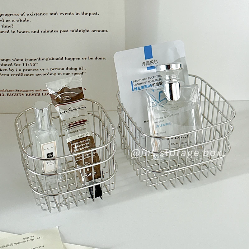 ins风不锈钢收纳篮桌面杂物置物篮化妆品整理篮子家用方形收纳盒
