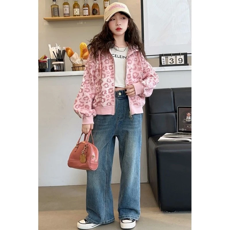 女童连帽外套春秋新款外穿女大童装秋季时髦洋气豹纹开衫上衣