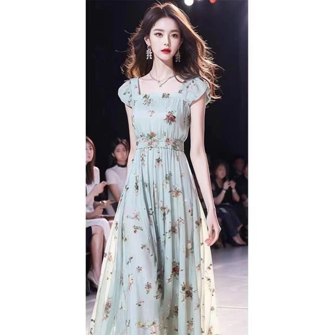 千语栀【又见小豆蔻】 只此青绿 复古碎花连衣裙优雅雪纺印花长裙