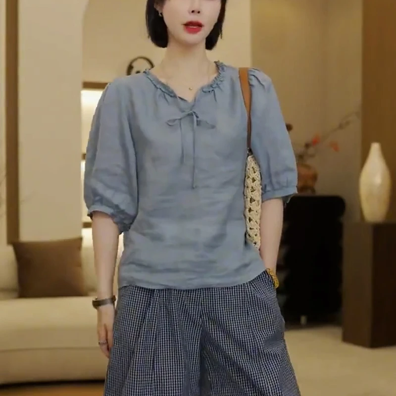 慵懒风设计感绑带苎麻五分袖衬衫女2025夏季新款小衫宽松时尚上衣
